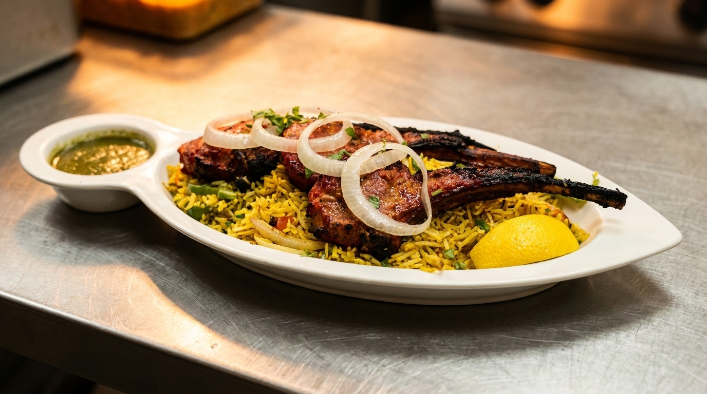 Grilled lamb chops with rice, onions, lemon, and green sauce on a white plate.