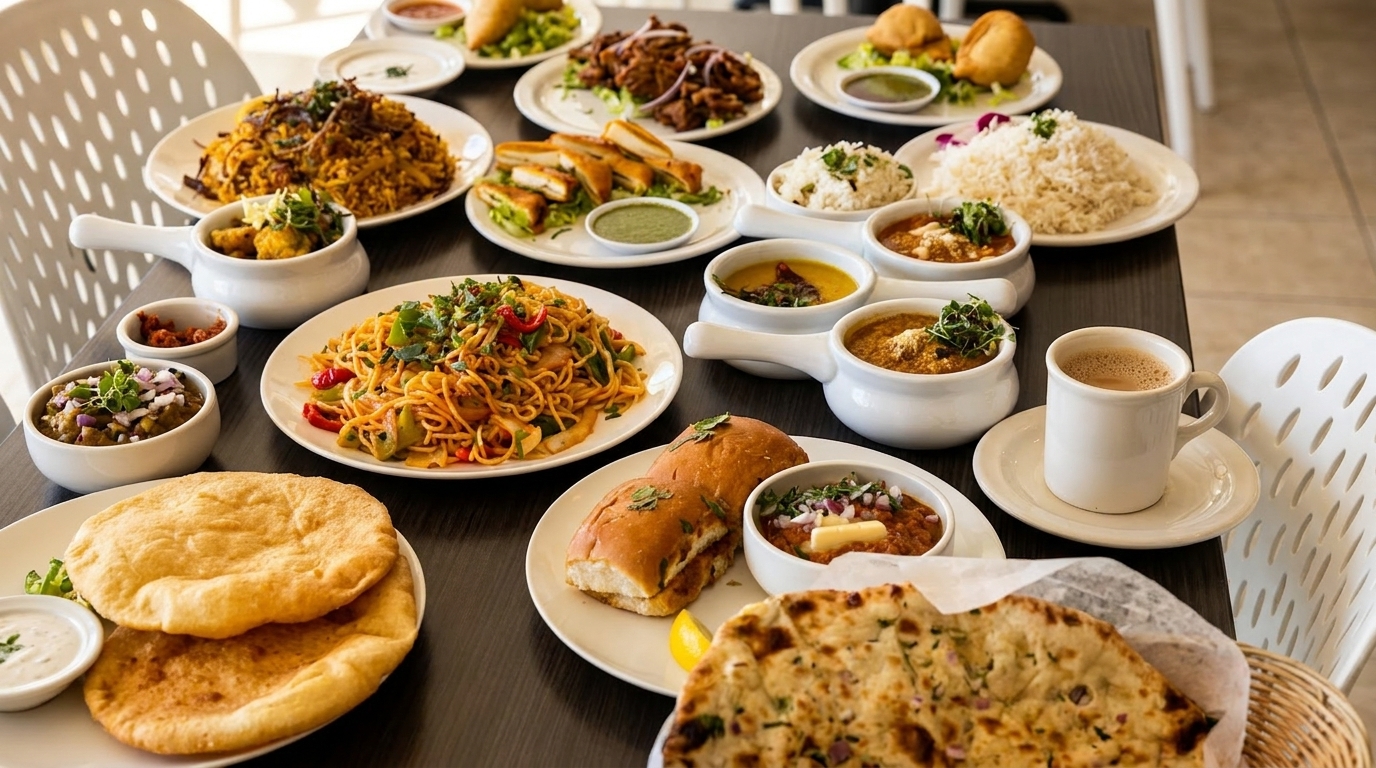 A table laden with various Indian dishes, including biryani, noodles, curries, bread, and chai.