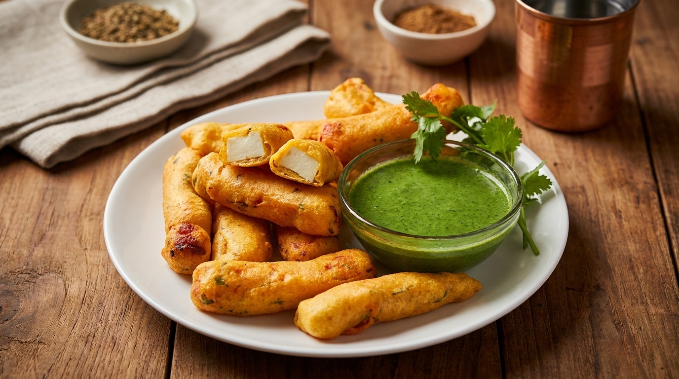 Golden fried paneer pakora with a vibrant green chutney and cilantro on a wooden table.