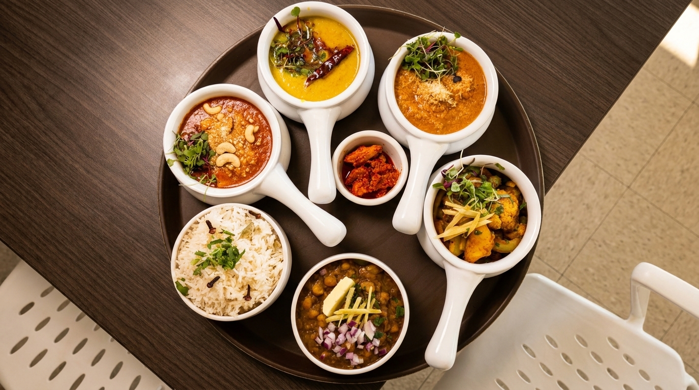 Overhead view of a round tray filled with various Indian dishes, including curries, rice, and chutneys.