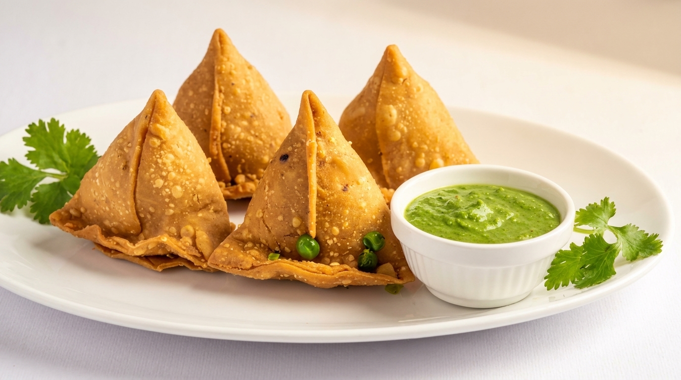 Four golden-brown samosas with a side of green chutney and cilantro on a white plate.