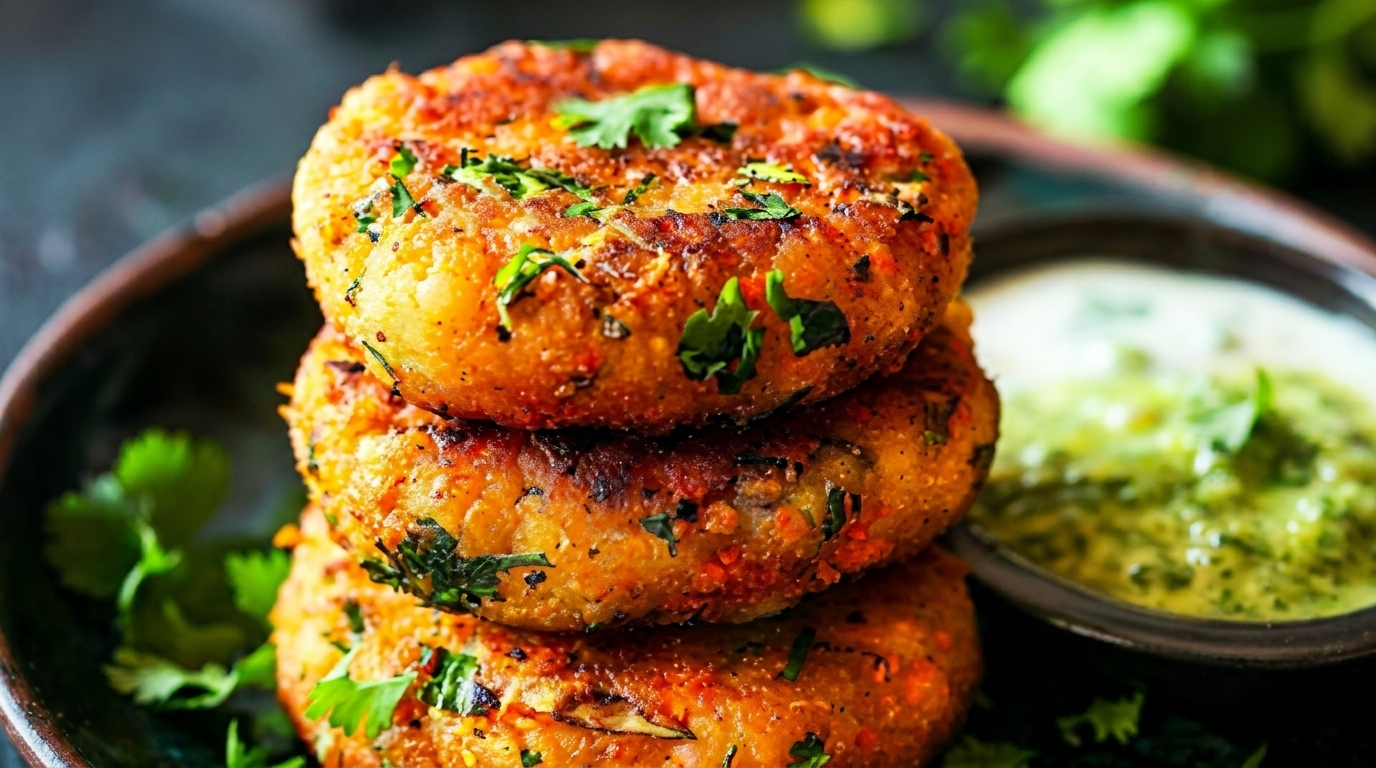 A stack of three golden-brown, herb-flecked potato patties next to a bowl of green and white sauces.