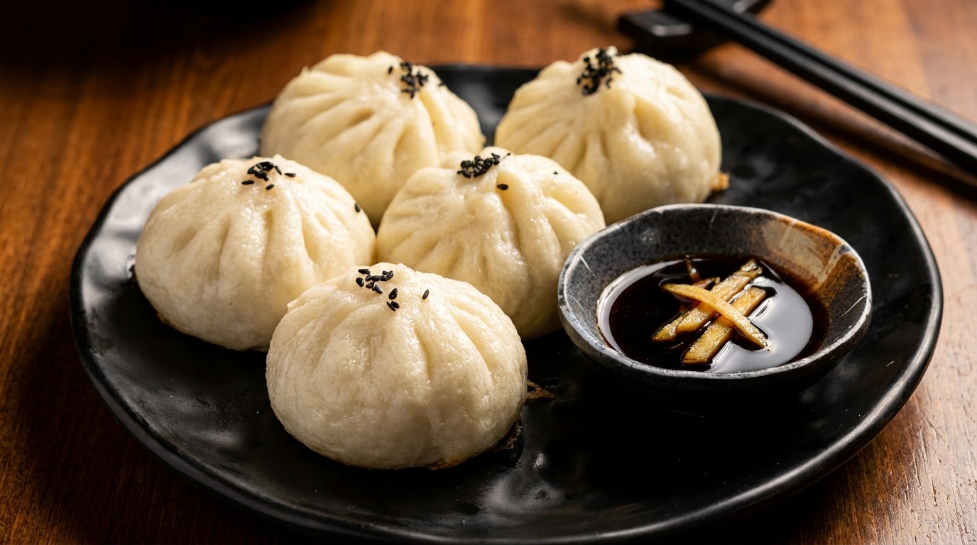 Five steamed dumplings with black sesame seeds on a black plate with a side of soy sauce.