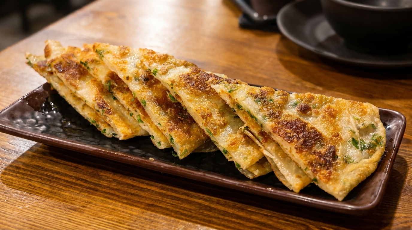 Golden-brown scallion pancakes, cut into triangles, arranged on a dark rectangular plate on a wooden table.