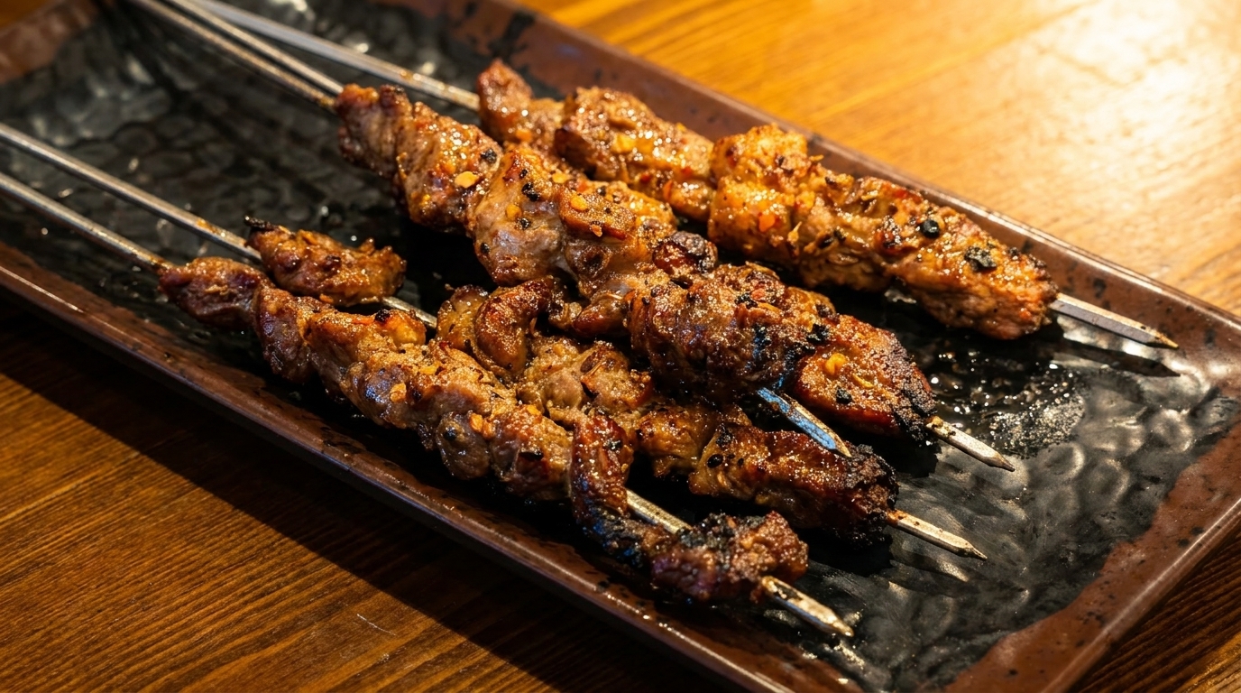 Several skewers of grilled, seasoned meat with chili flakes on a dark rectangular plate.