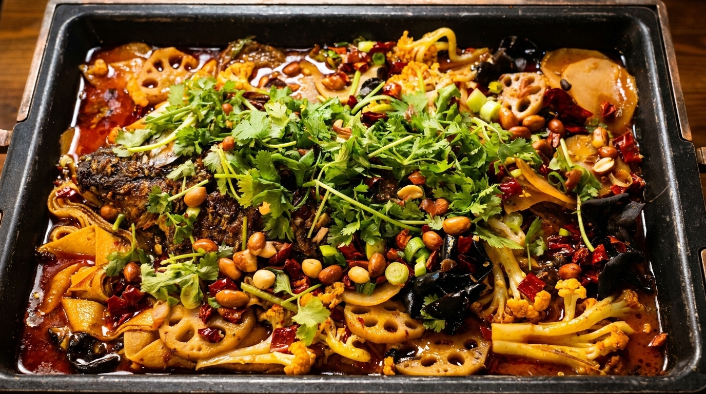 Spicy grilled fish with cilantro, peanuts, lotus root, and vegetables in a black pan.