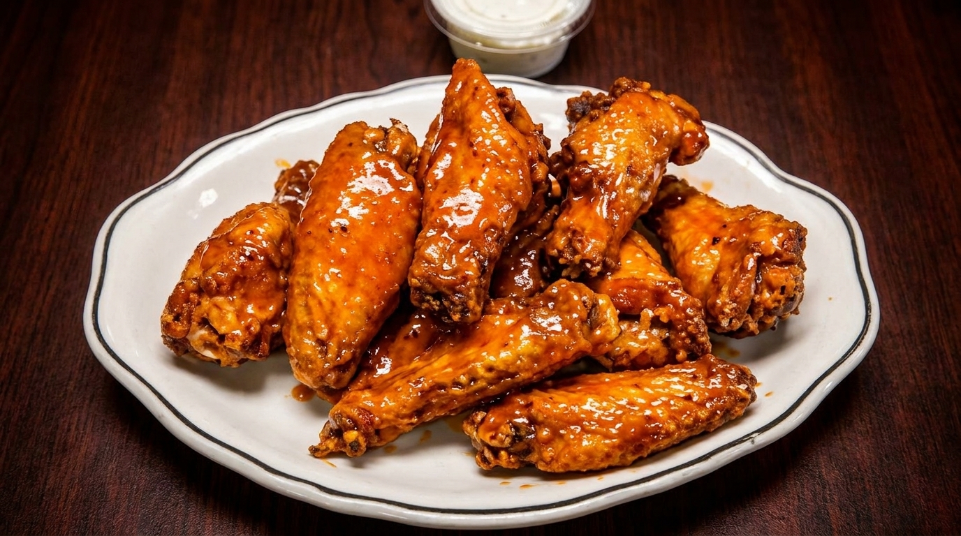 A white plate piled high with glistening, saucy chicken wings, with a small cup of dipping sauce.