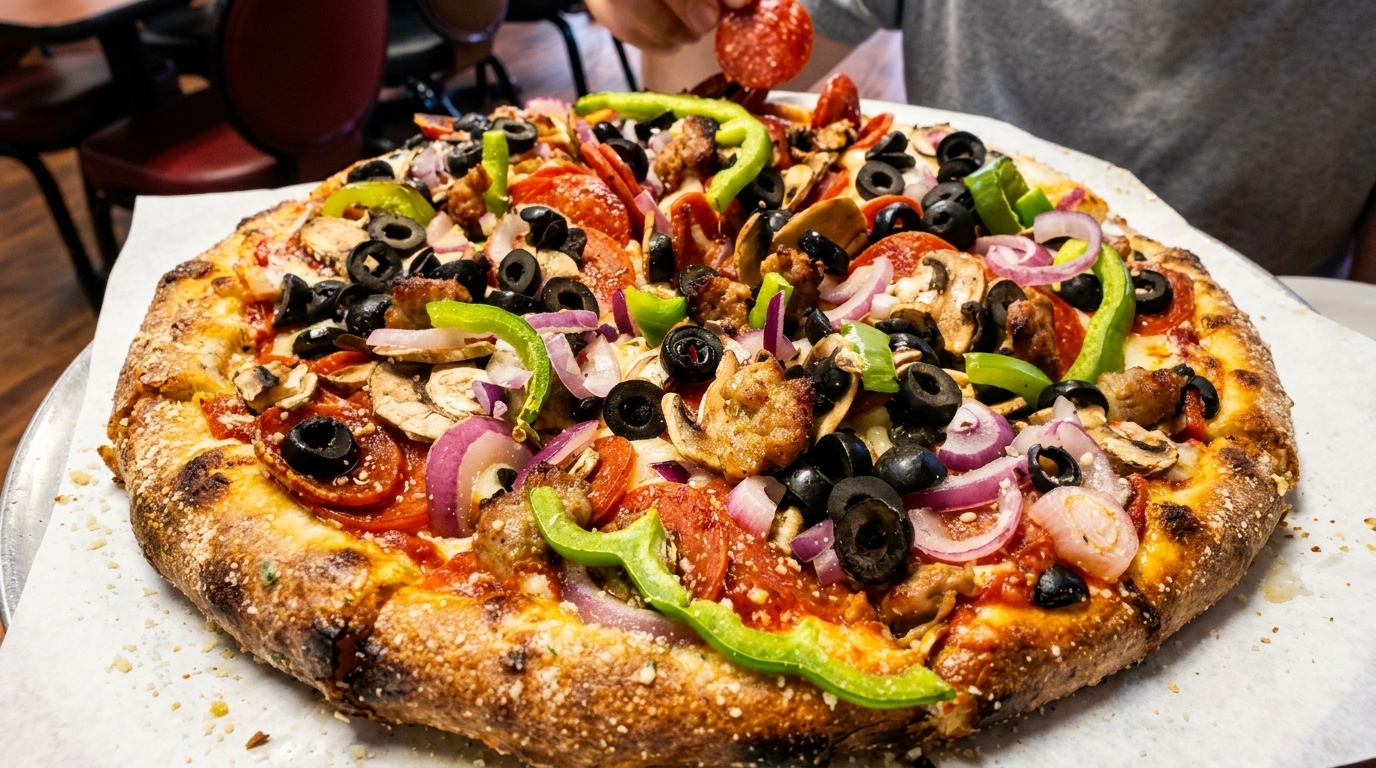 A large, fully loaded pizza with pepperoni, sausage, olives, mushrooms, onions, and green peppers.