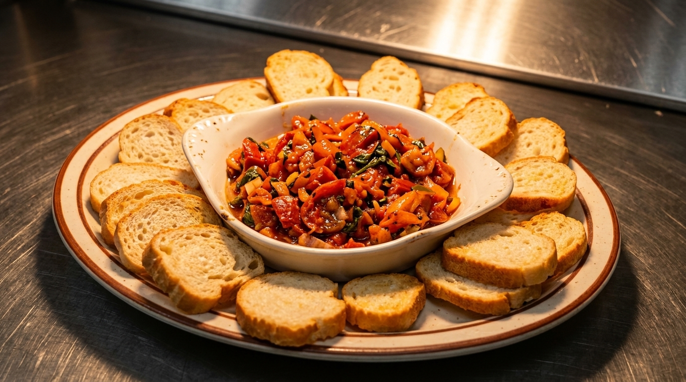 A white bowl of colorful bruschetta with tomatoes, onions, and spinach, surrounded by toasted bread slices.