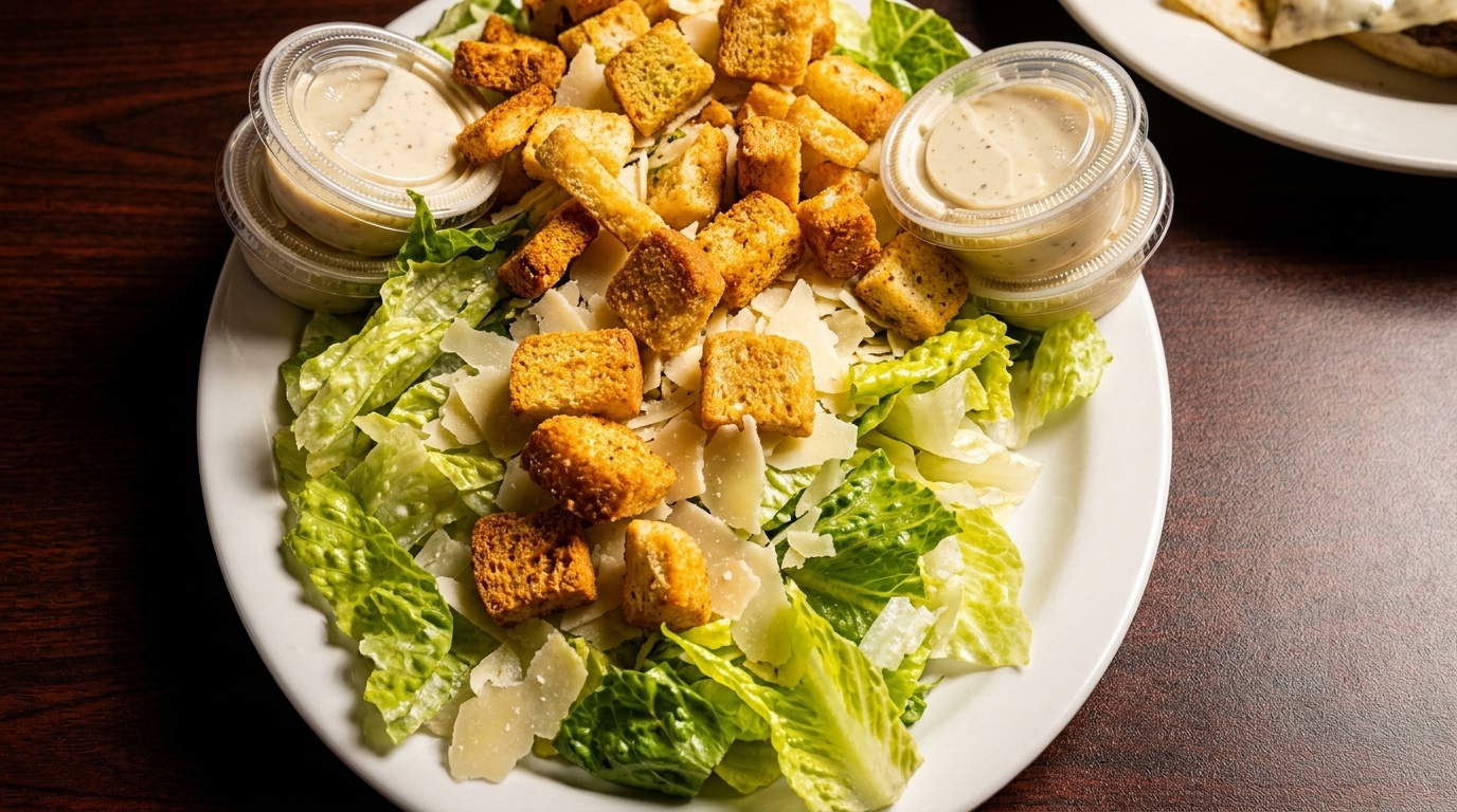 Caesar salad with romaine lettuce, croutons, parmesan cheese, and two dressing cups.