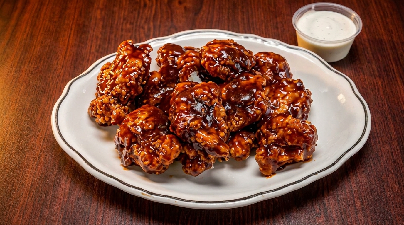 A plate of boneless barbecue wings with a side of ranch dressing on a wooden table.