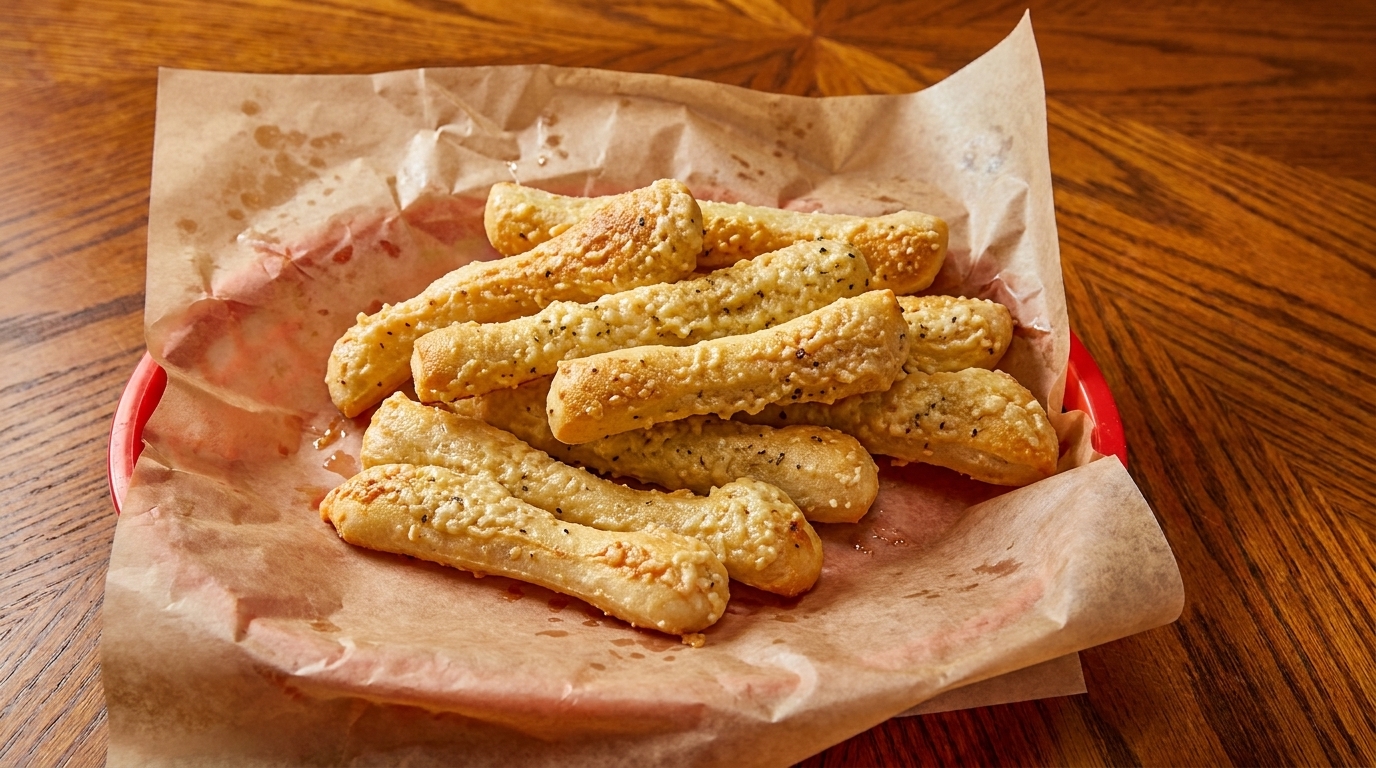 Golden-brown breadsticks topped with cheese and herbs, served in a red basket lined with parchment paper.