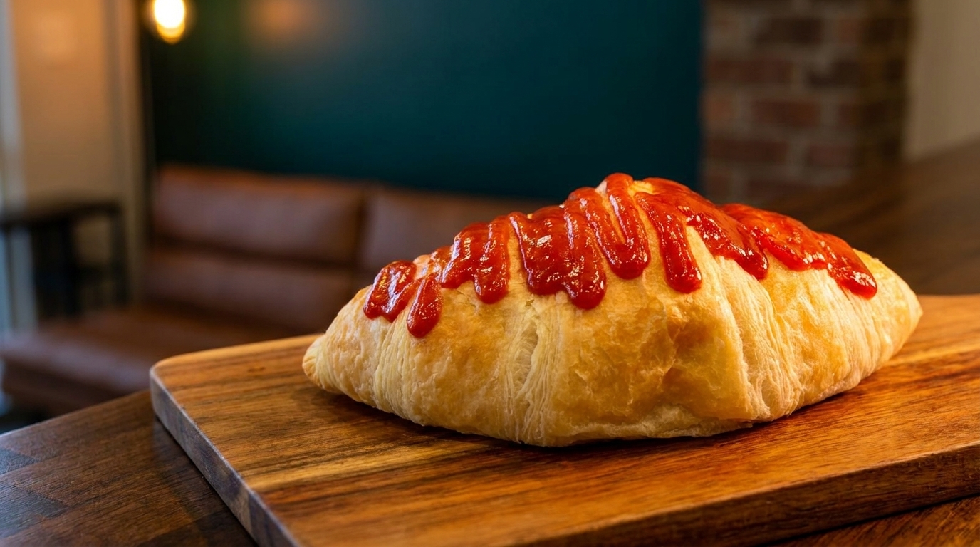 A golden-brown croissant drizzled with red ketchup, resting on a wooden board in a restaurant setting.