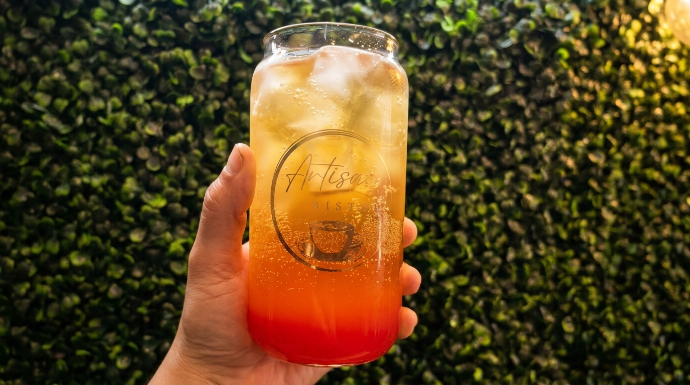 Hand holding a tall glass of iced, layered orange and red drink with "Artisan Bist" logo.