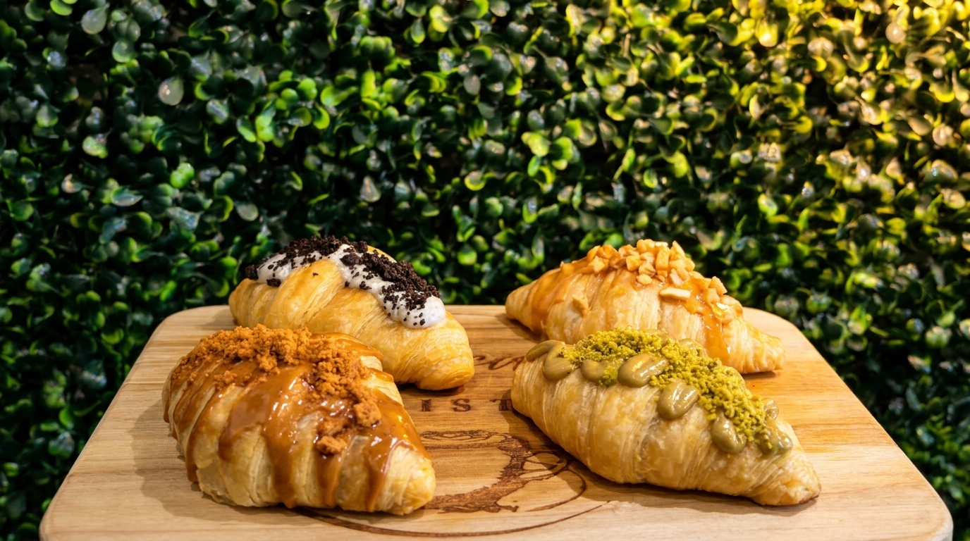 Four gourmet croissants with various toppings, including cookies and cream, caramel, and pistachio, on a wooden board.