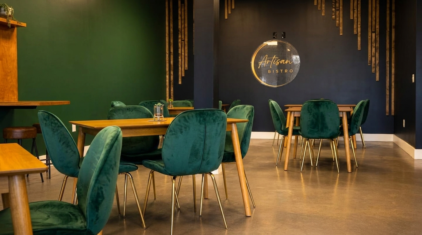 Artisan Bistro's dining room with green velvet chairs, wooden tables, and a dark accent wall.