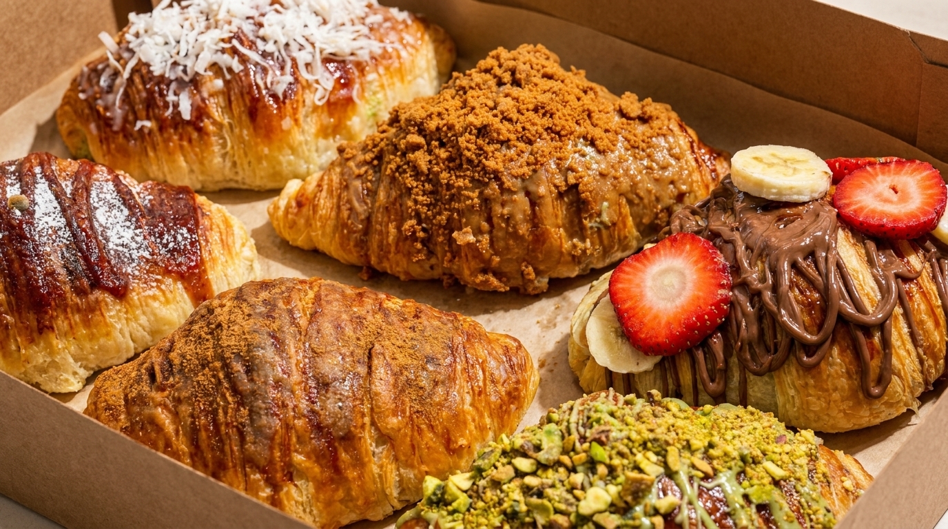 A box filled with six gourmet croissants, each with different sweet toppings like chocolate, fruit, and nuts.