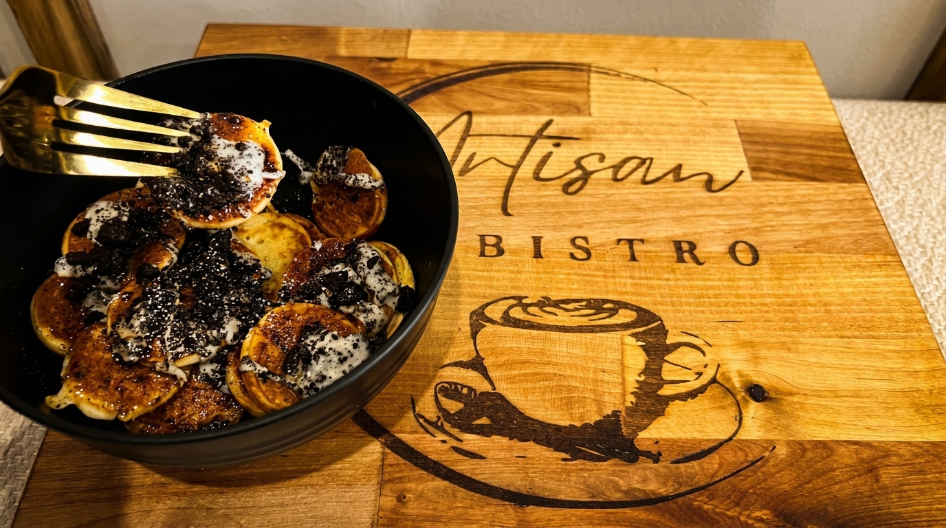 Mini pancakes with white sauce and dark crumbles, being forked from a black bowl on a wooden board.