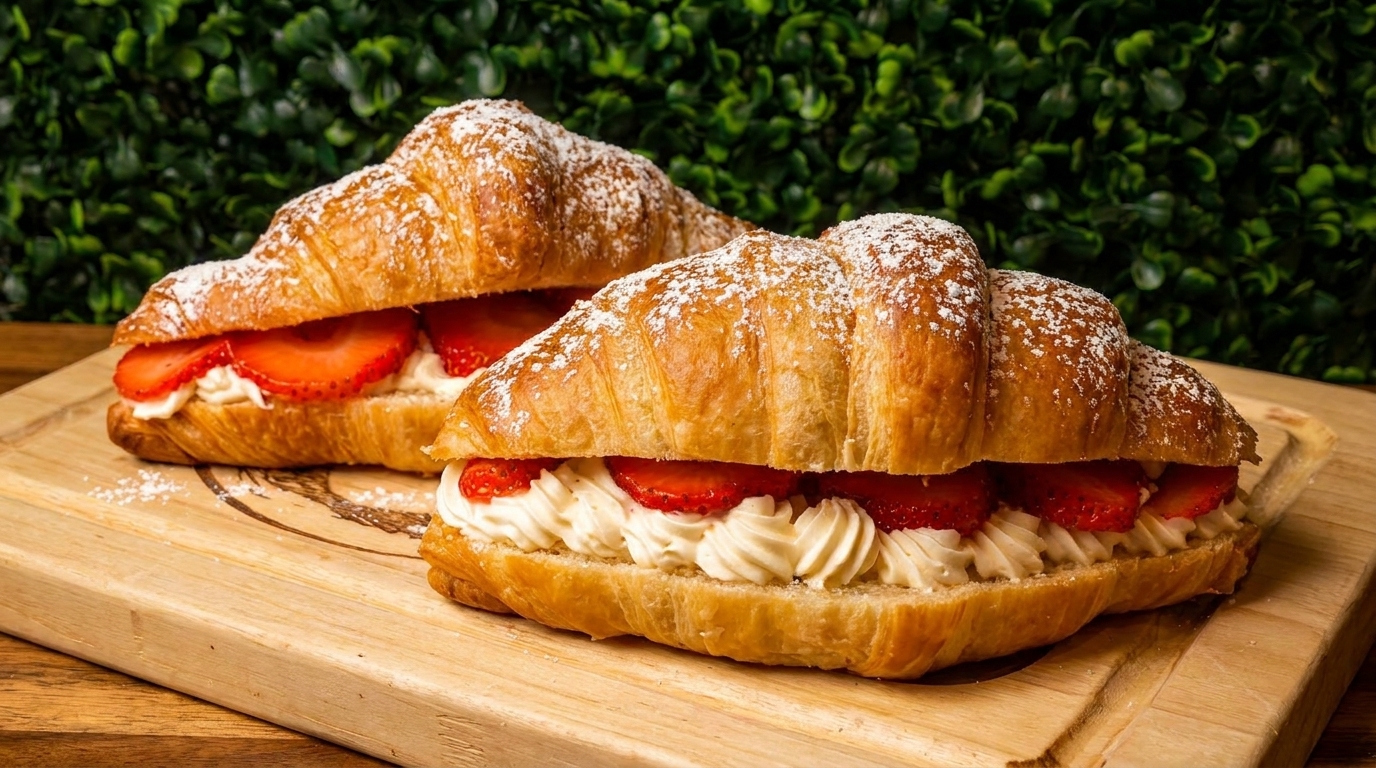 Two croissants filled with whipped cream and sliced strawberries, dusted with powdered sugar on a wooden board.