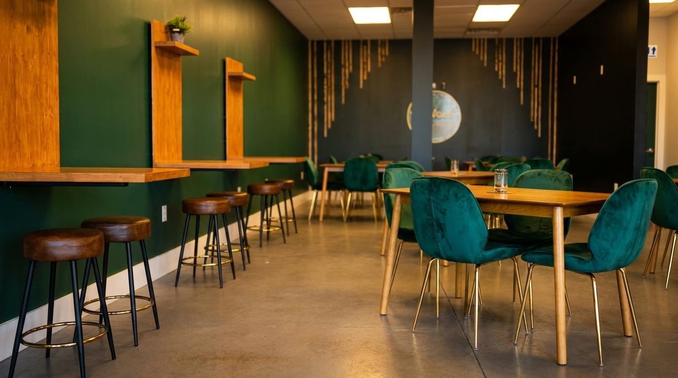 Modern restaurant interior with green walls, wooden bar seating, and teal velvet chairs at tables.