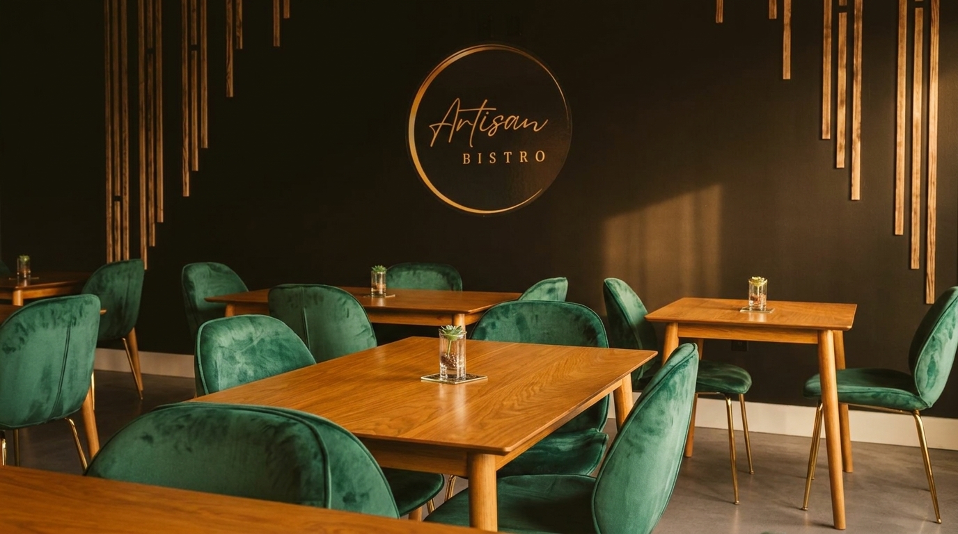 Artisan Bistro dining room with dark walls, wooden tables, and green velvet chairs.