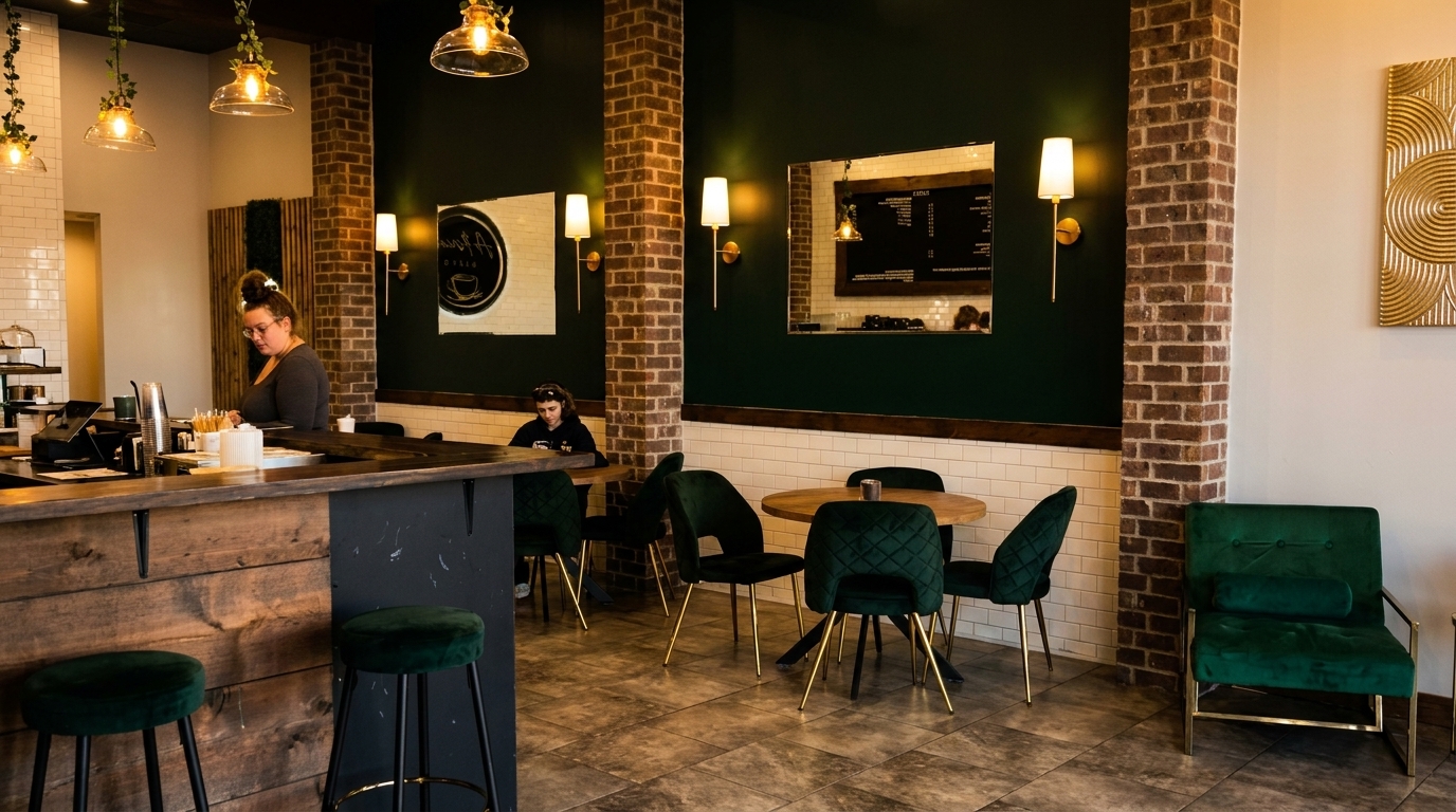 A barista works behind a wooden counter in a cafe with green velvet chairs and brick columns.