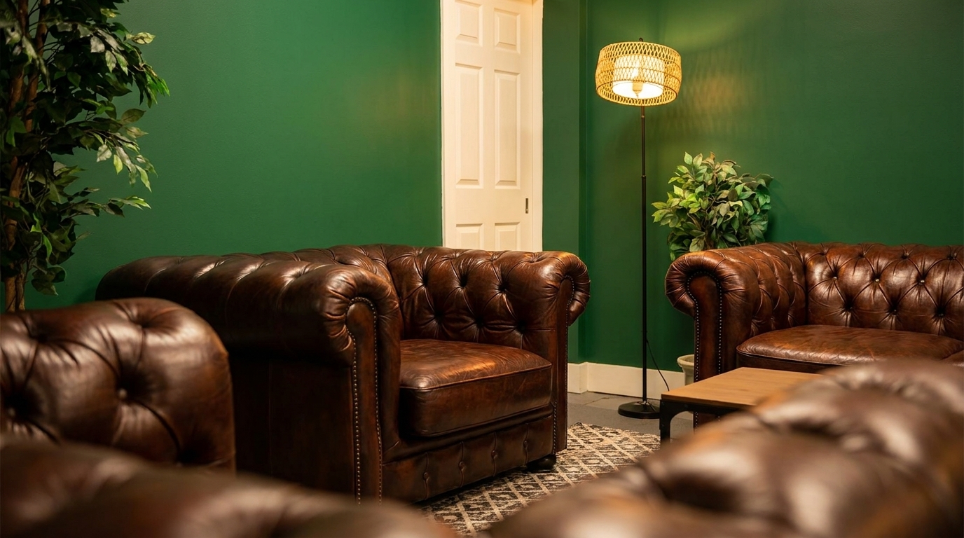 A cozy lounge area with dark green walls, brown leather Chesterfield sofas, and a wicker floor lamp.