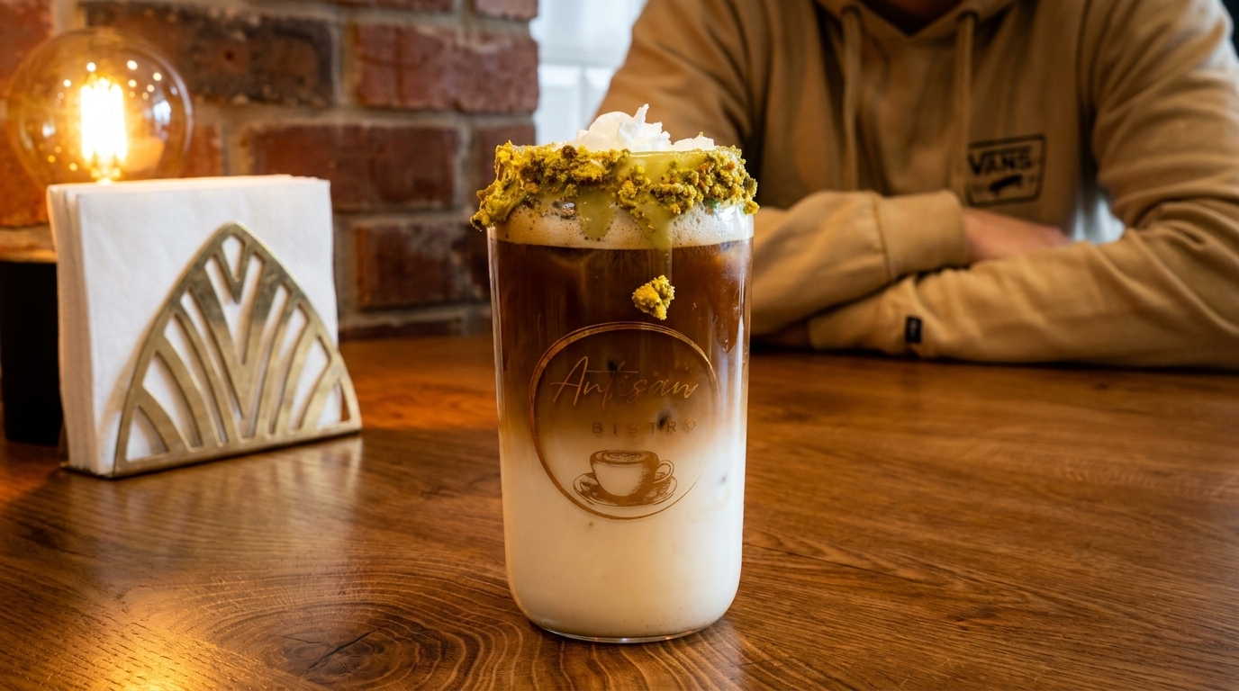 Iced coffee with pistachio topping and whipped cream on a wooden table at Artisan Bistro.