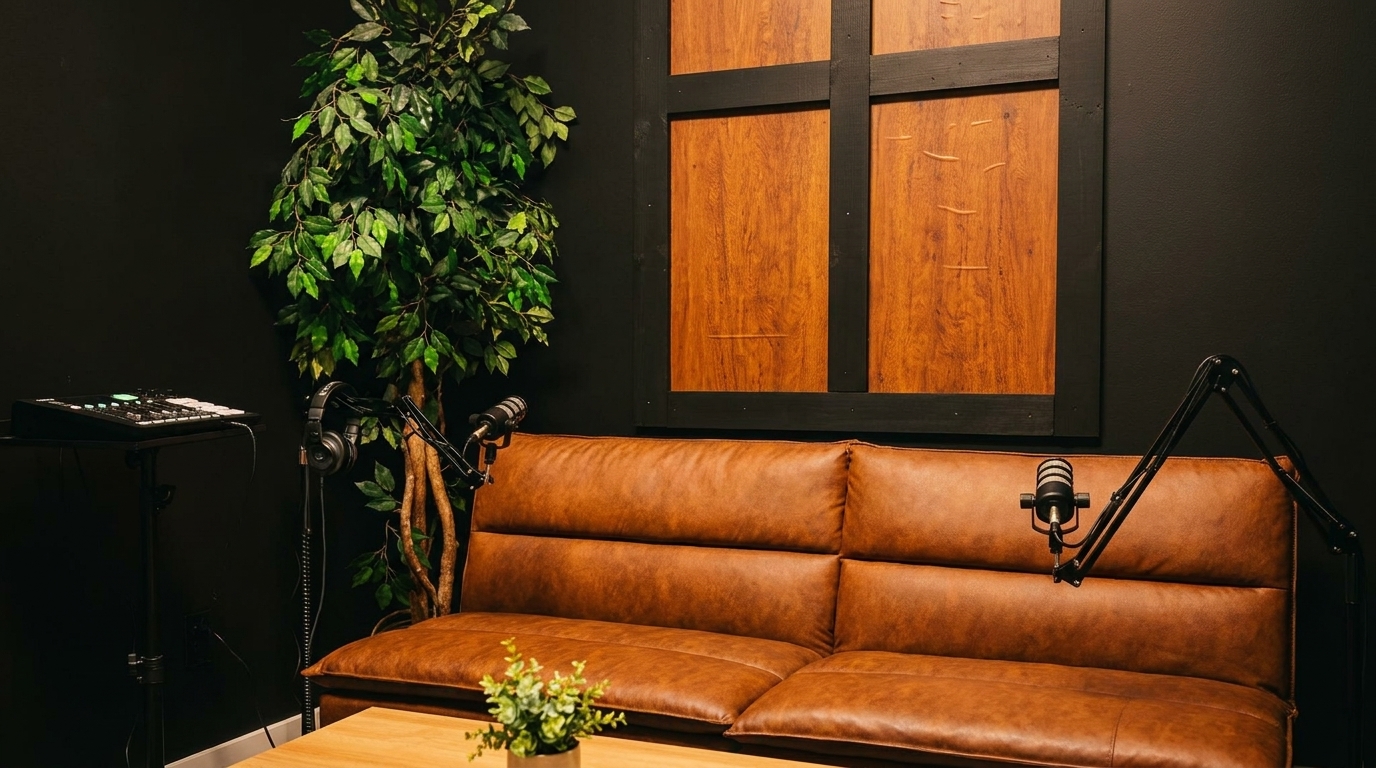 A podcast studio with a brown leather couch, microphones, headphones, and a sound mixer.