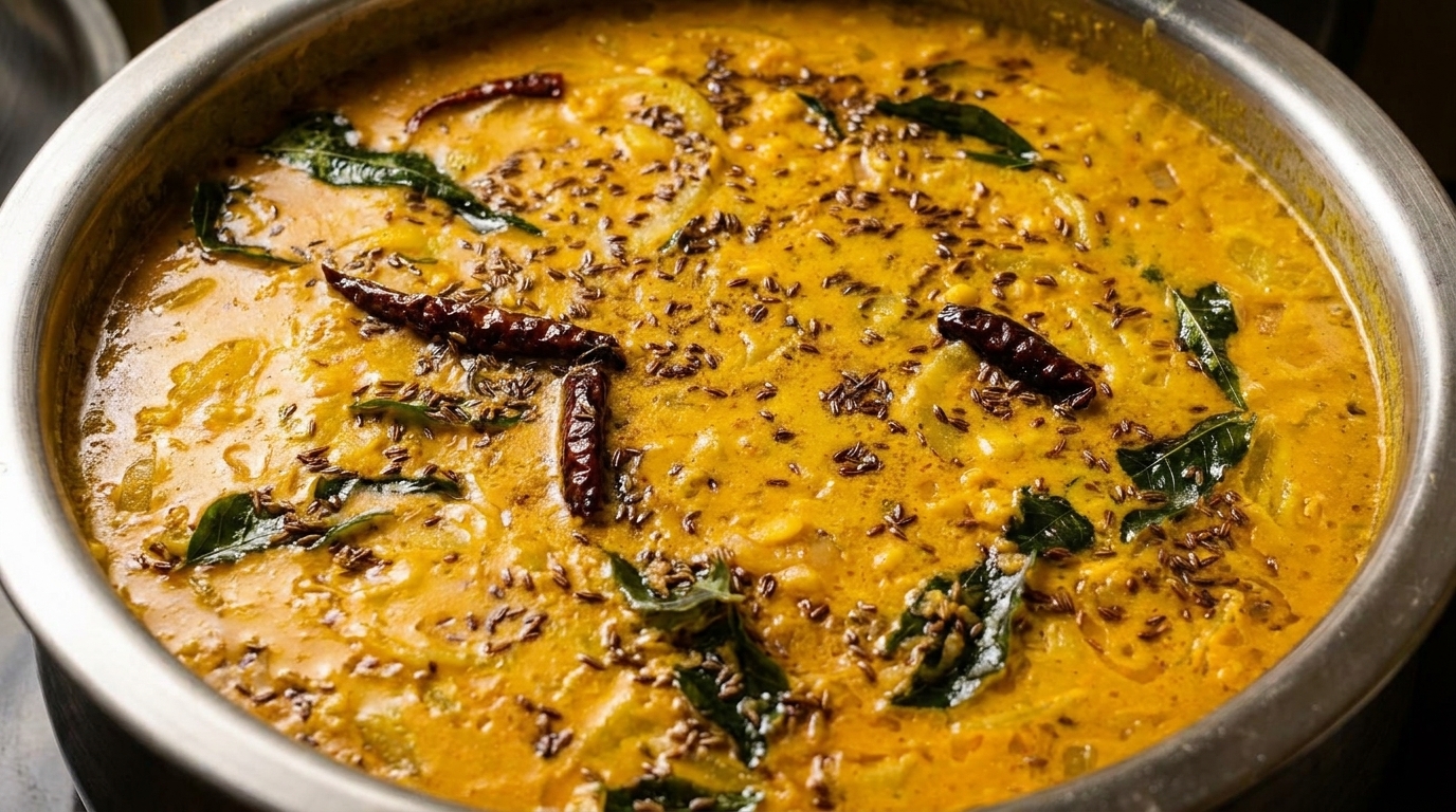 Close-up of a vibrant yellow curry or dal in a metal pot, garnished with spices and herbs.