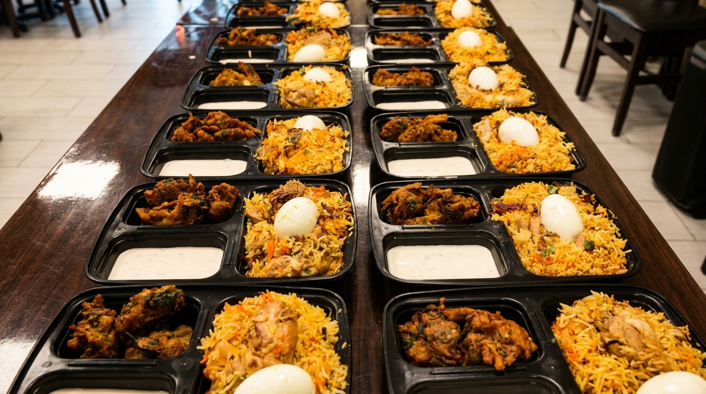 Rows of takeout containers filled with biryani, fried chicken, and raita on a long wooden table.
