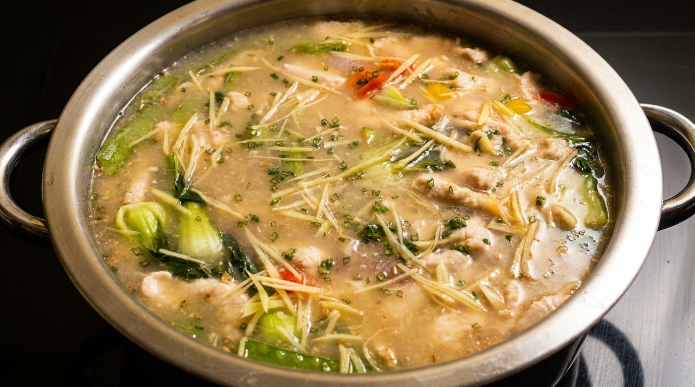 A metal pot filled with a savory soup, bok choy, sliced ginger, and meat.