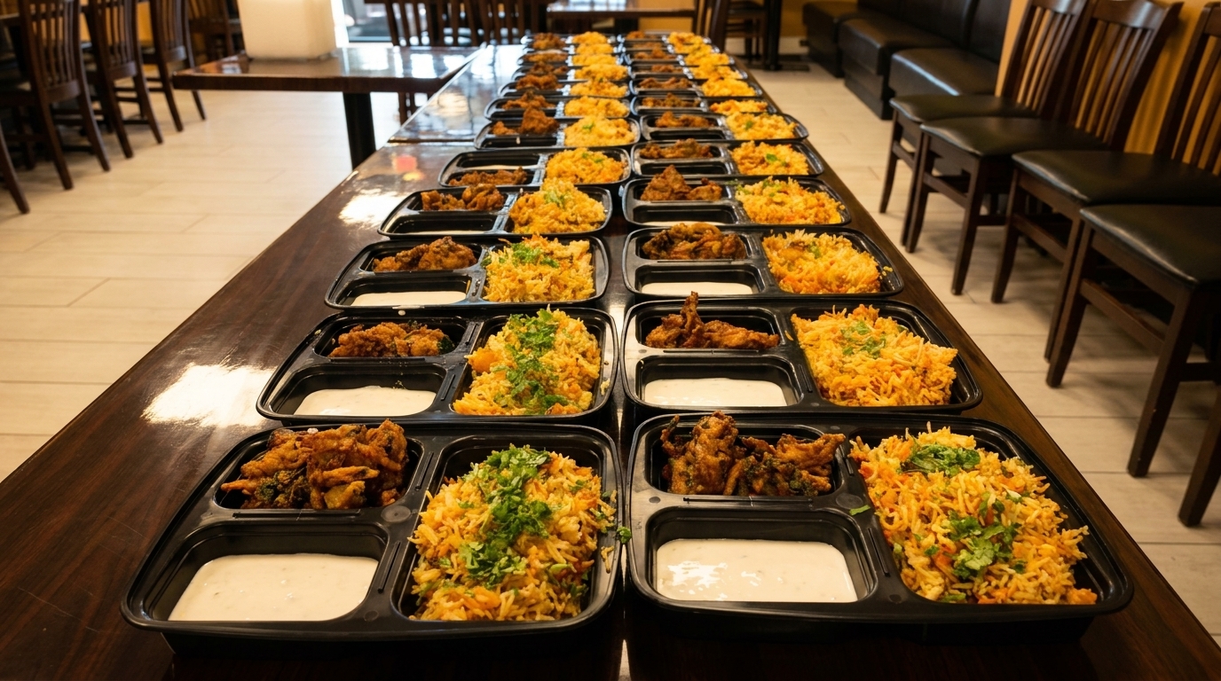 Numerous takeout containers filled with biryani, fried chicken, and white sauce on a long table.