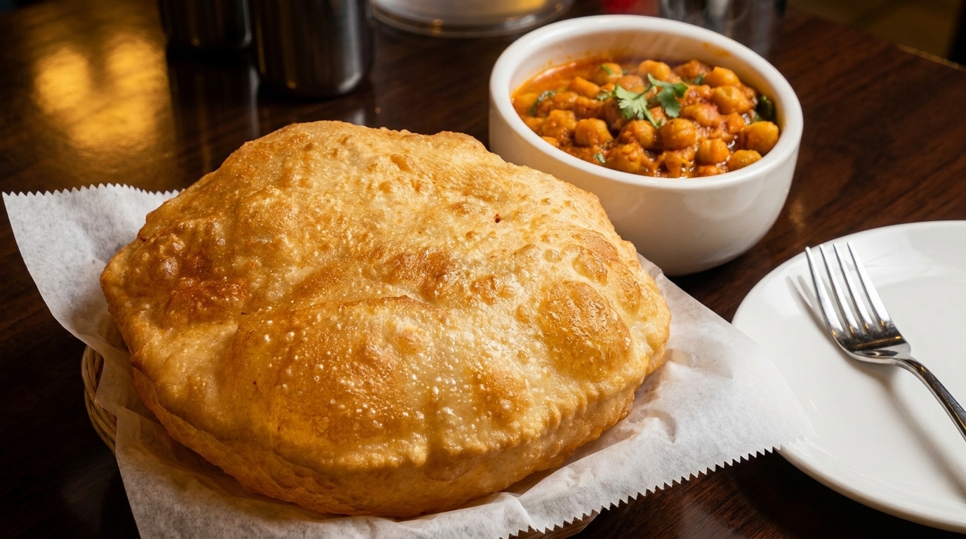 Golden fried puri bread in a basket with a side of chana masala and a white plate with a fork.