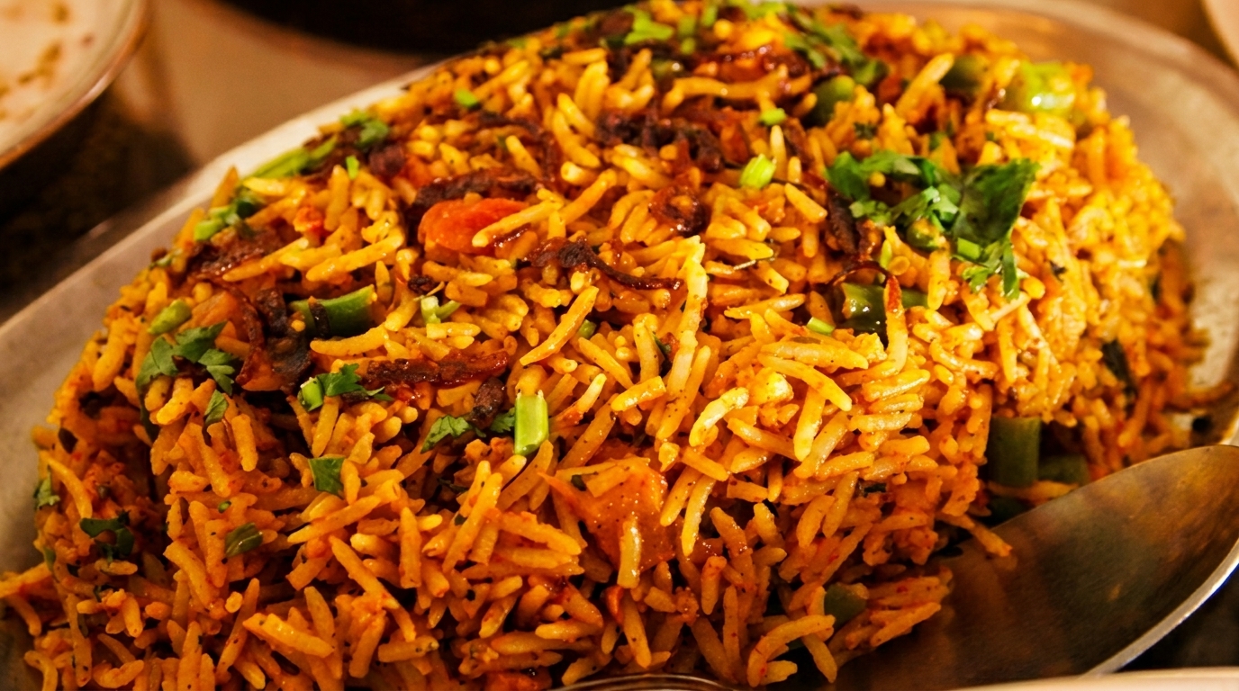 Close-up of a large serving of golden biryani rice with vegetables and fresh herbs on a silver platter.