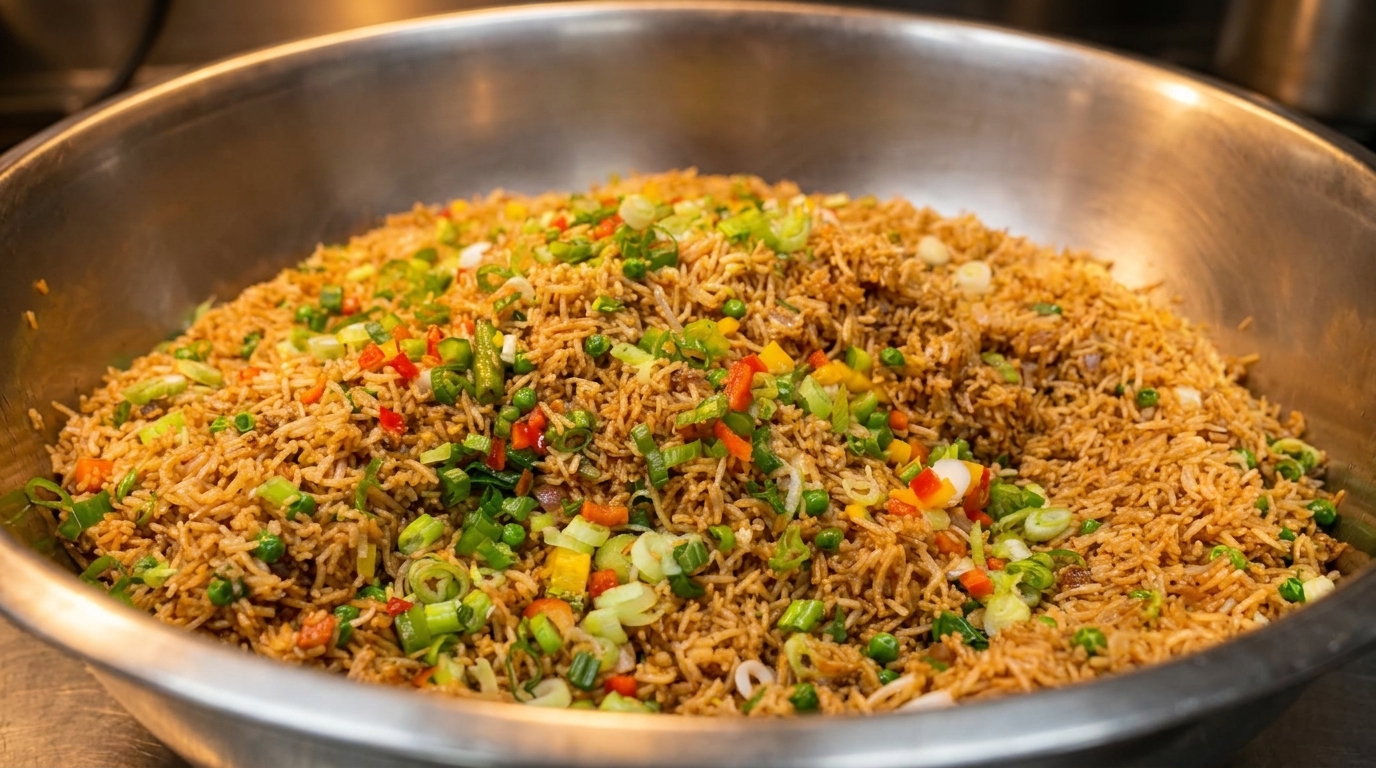 A large metal bowl filled with fried rice, green onions, peas, and colorful bell peppers.