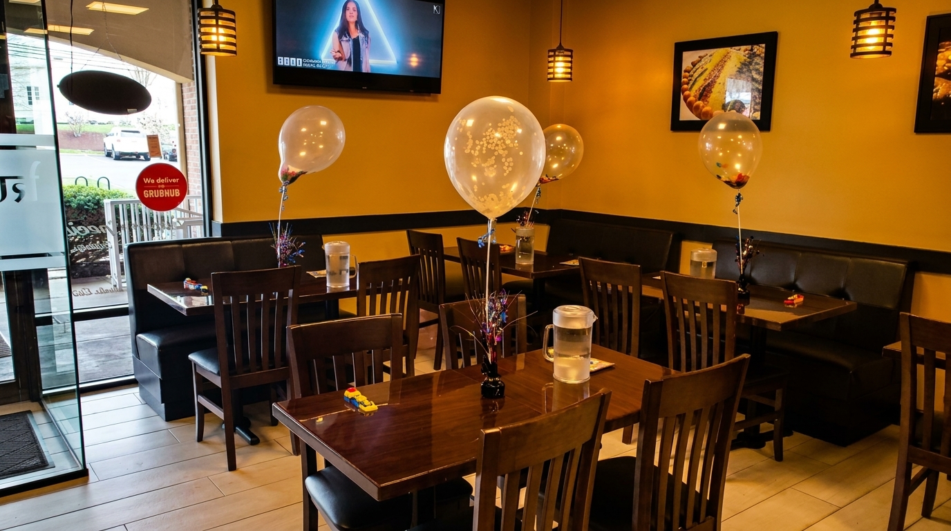 Restaurant interior with yellow walls, dark wood tables, black booths, and clear balloons with confetti.