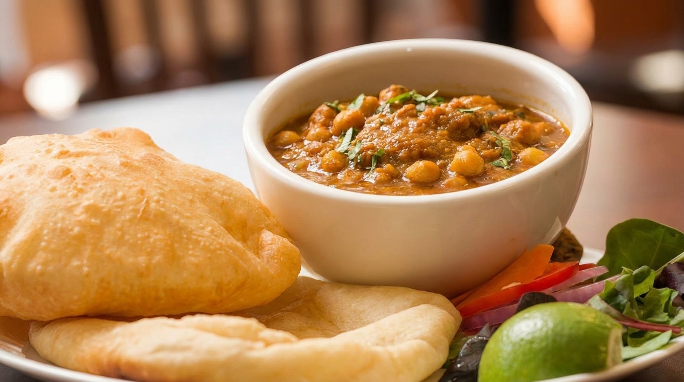 A bowl of chana masala with two pieces of puri bread, salad, and a lime wedge.
