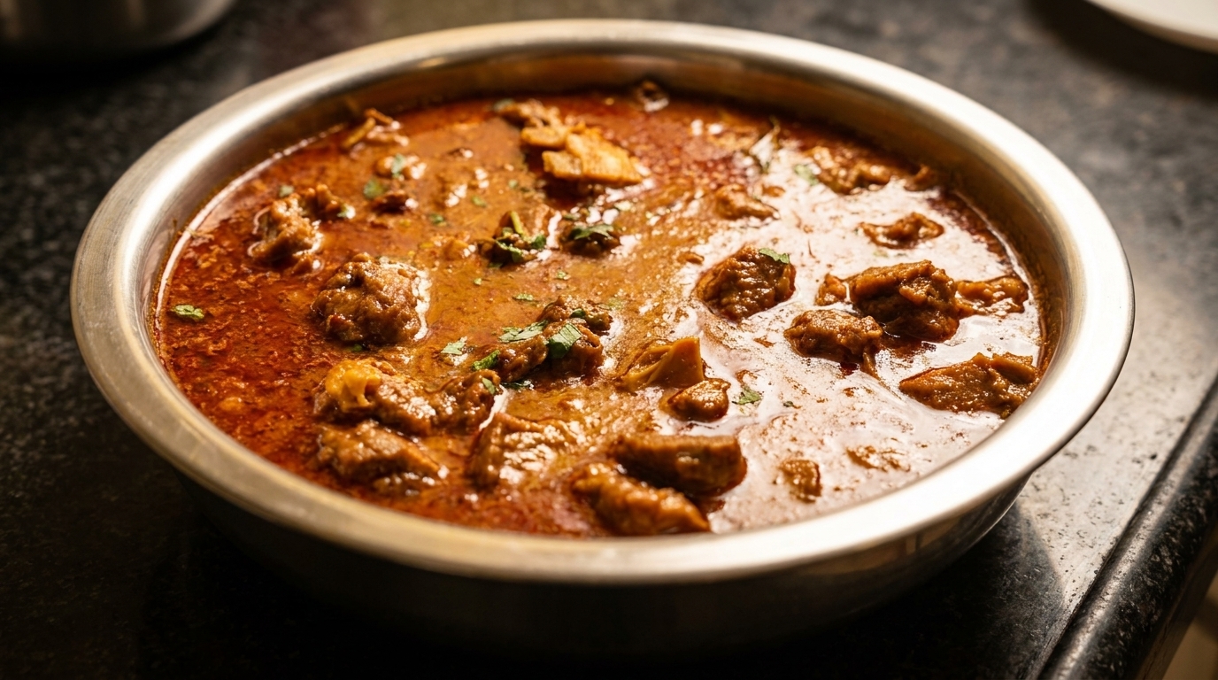A close-up of a metal bowl filled with a rich, red-brown curry with meat pieces and cilantro.