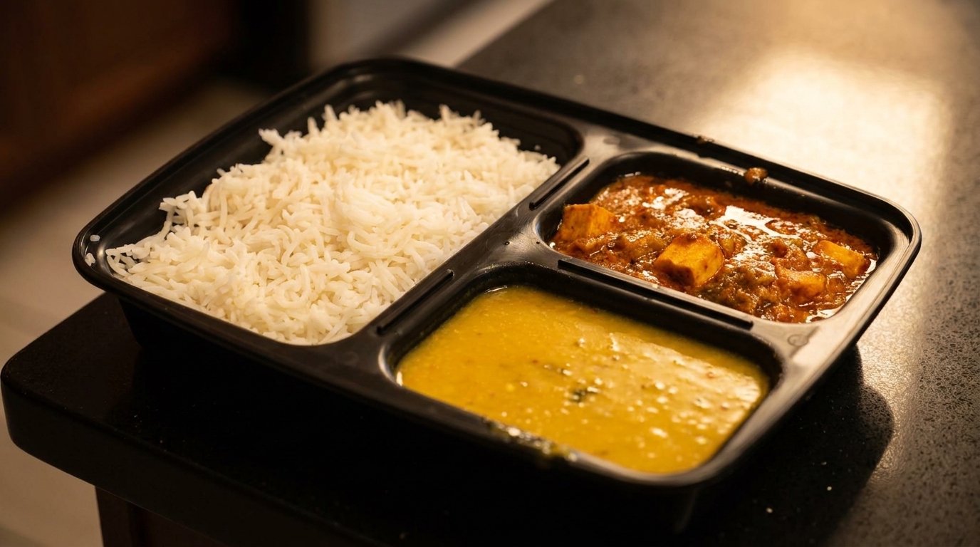 Indian meal in a black to-go container with rice, paneer curry, and dal.