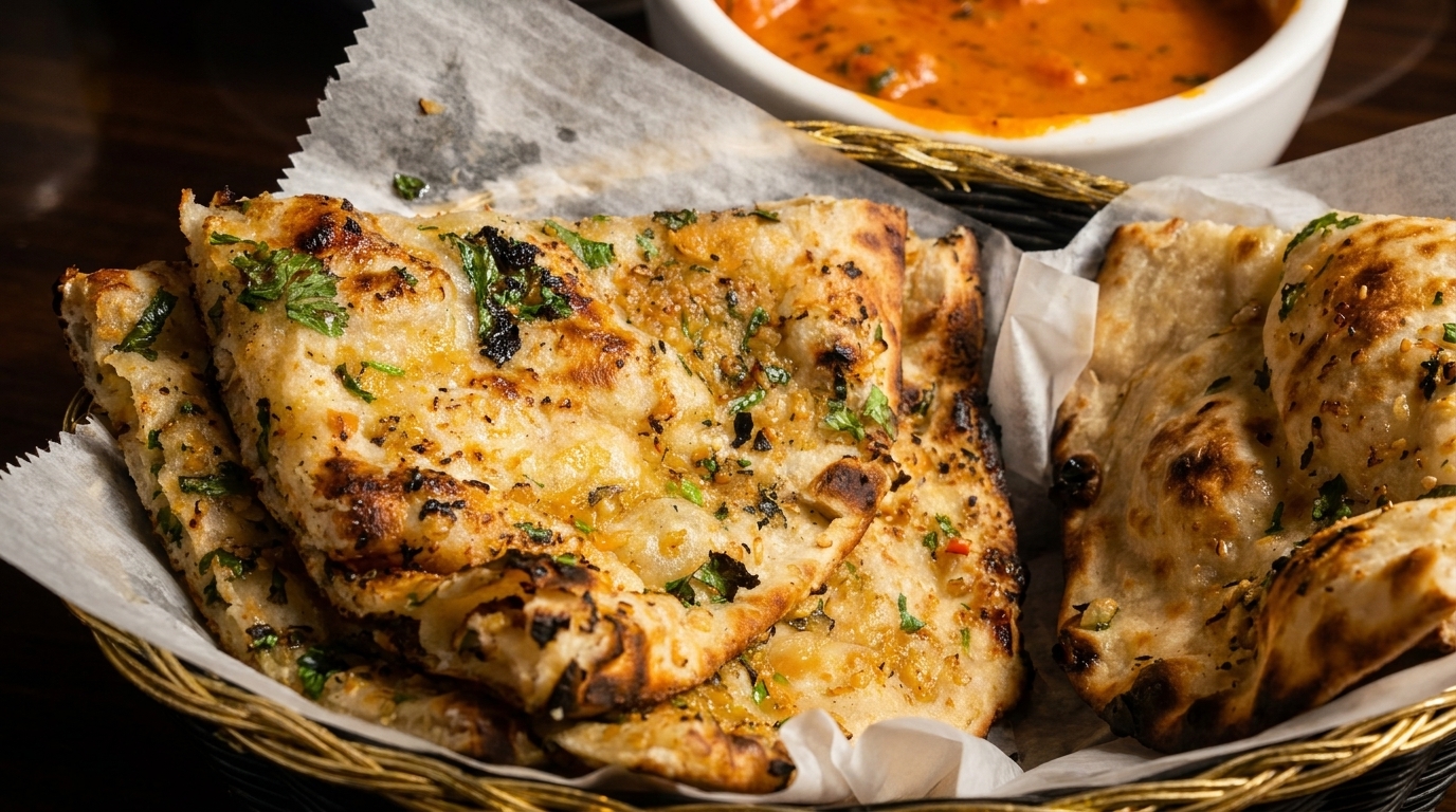 Golden-brown naan bread, garnished with herbs, in a woven basket with a bowl of curry.