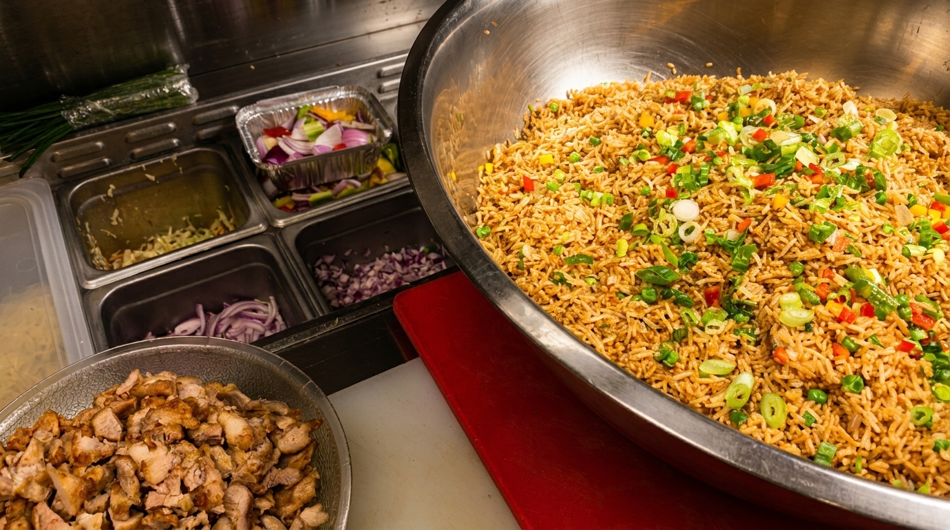 A large bowl of fried rice with vegetables and a bowl of chopped chicken, alongside prep ingredients.