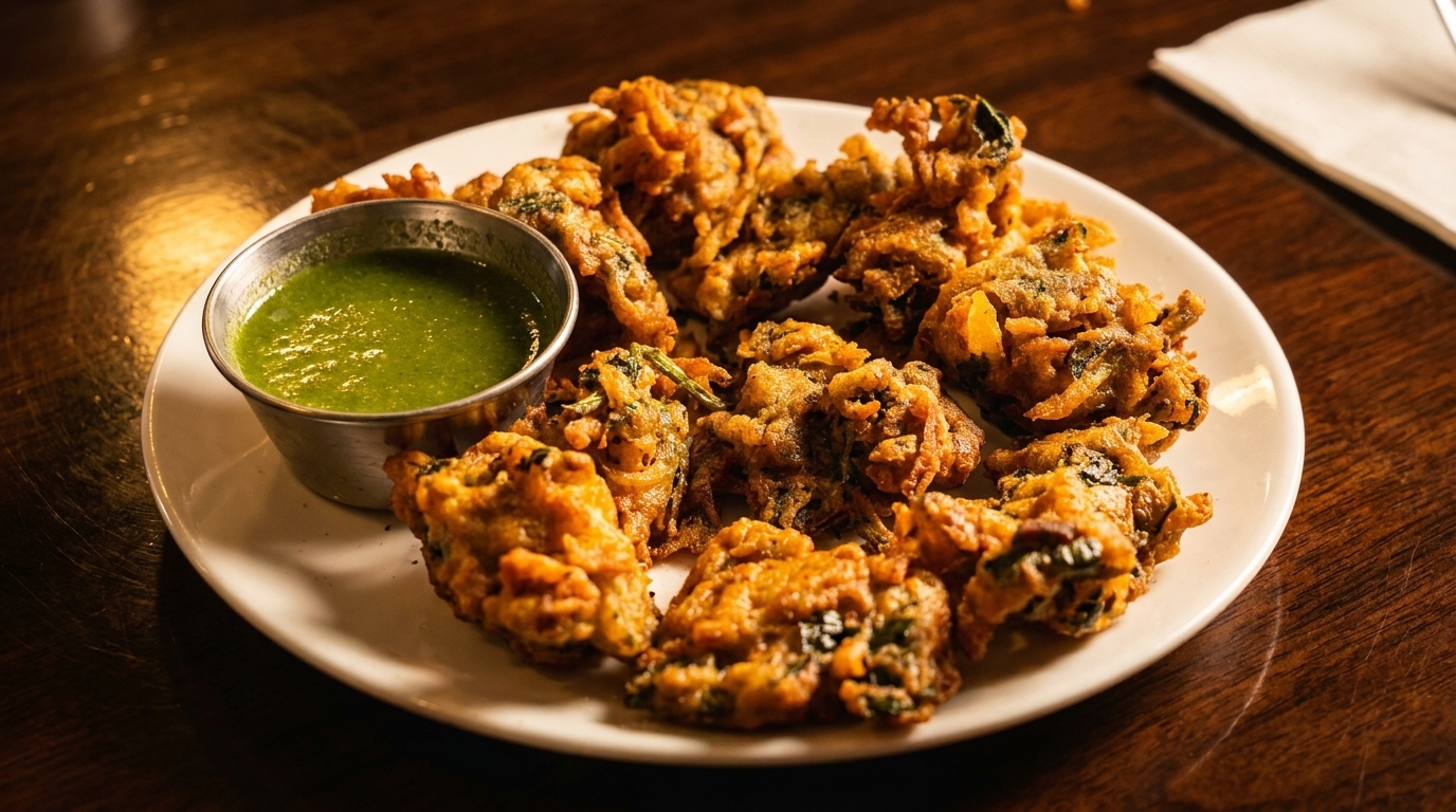 A plate of golden-brown pakoras with a side of vibrant green chutney on a wooden table.