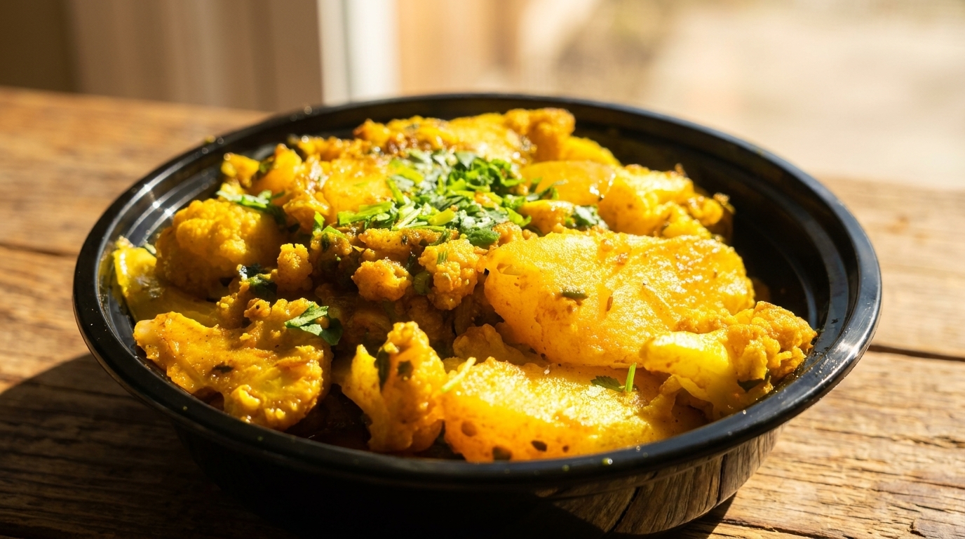 Aloo Gobi, a yellow curry with potatoes and cauliflower, in a black bowl on a wooden table.