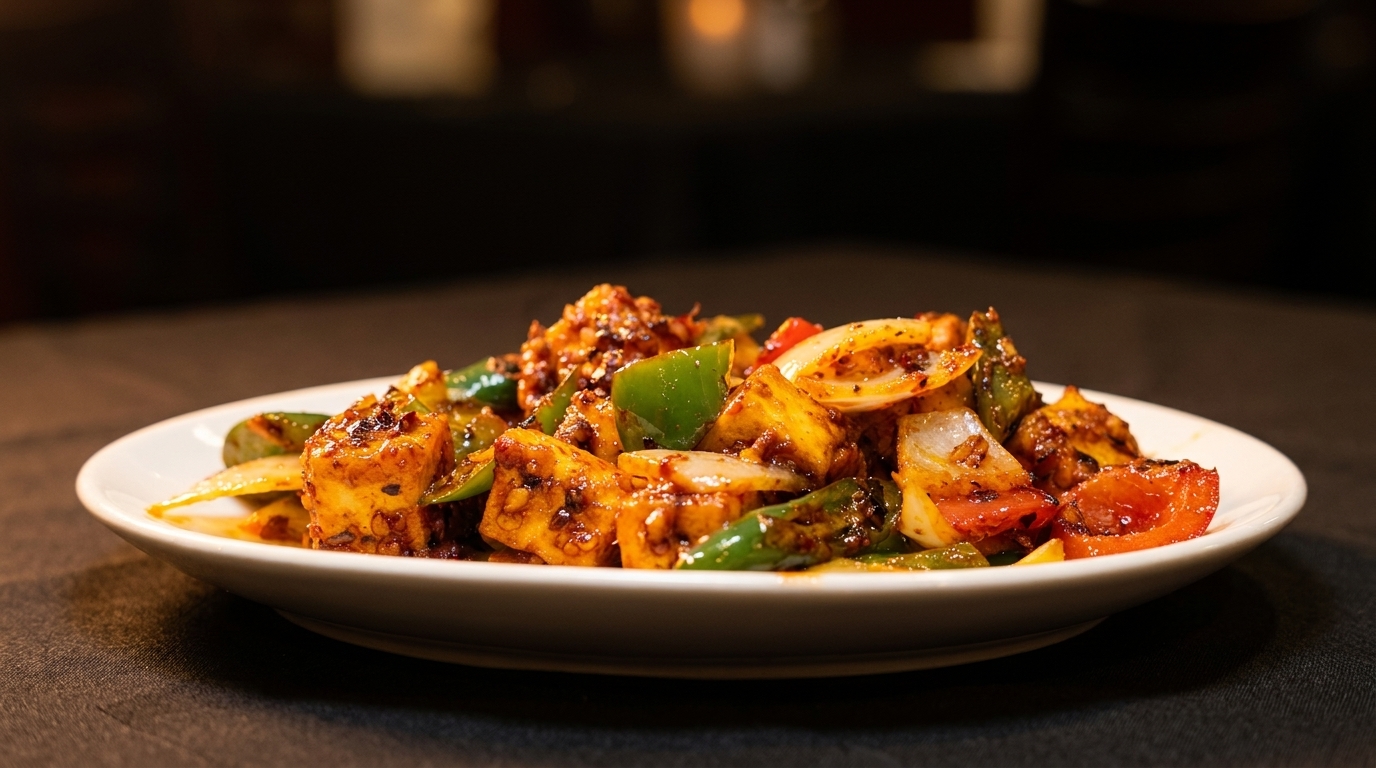 Spicy paneer chili with bell peppers and onions on a white plate against a dark background.