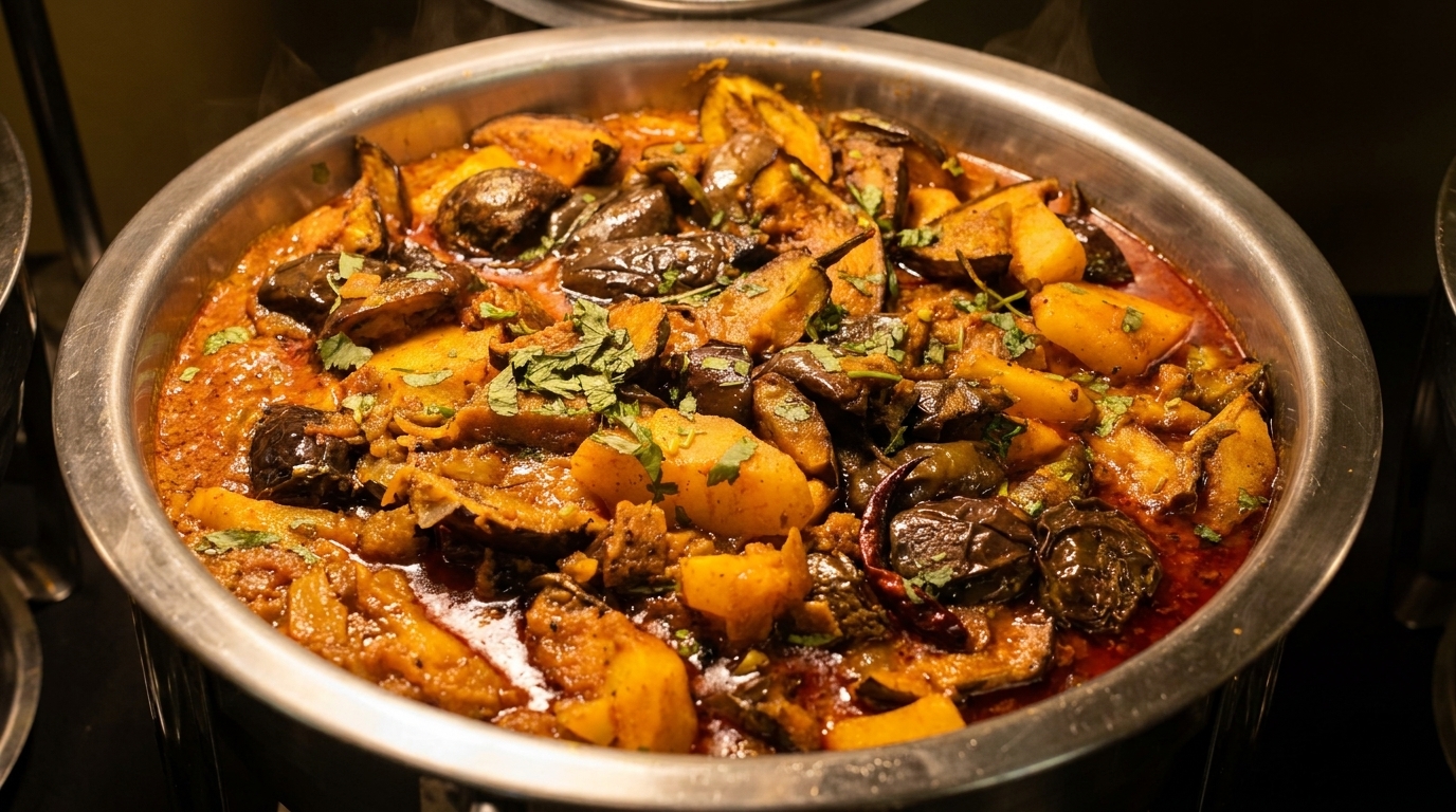 Close-up of a large metal serving dish filled with a rich, spiced eggplant and potato curry.