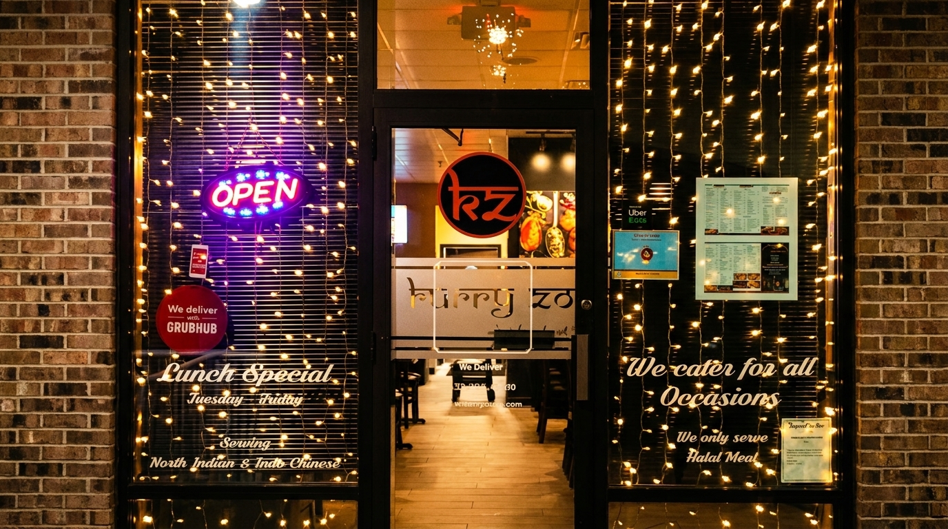 Curry Zone restaurant storefront at night, adorned with string lights and an "OPEN" sign.