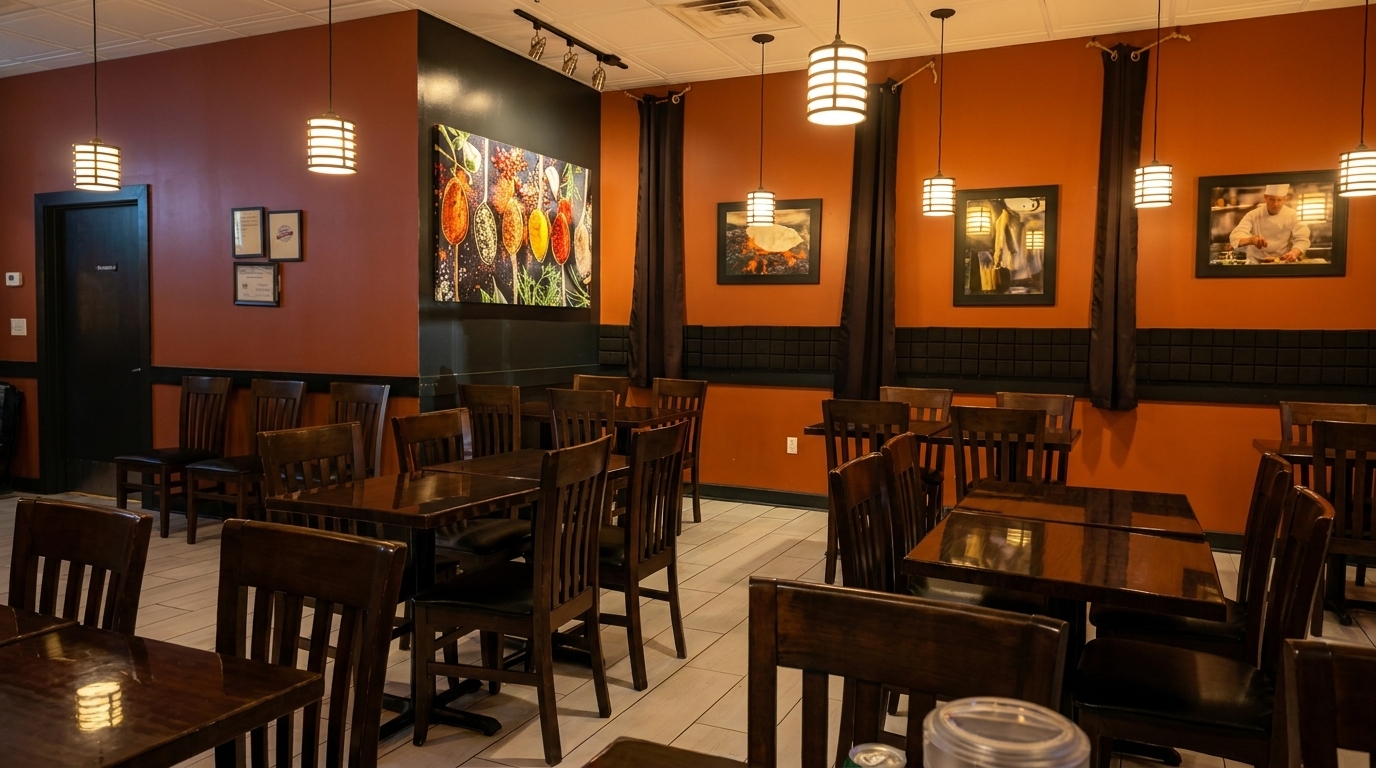 Empty restaurant dining room with dark wooden tables and chairs, orange walls, and decorative lighting.