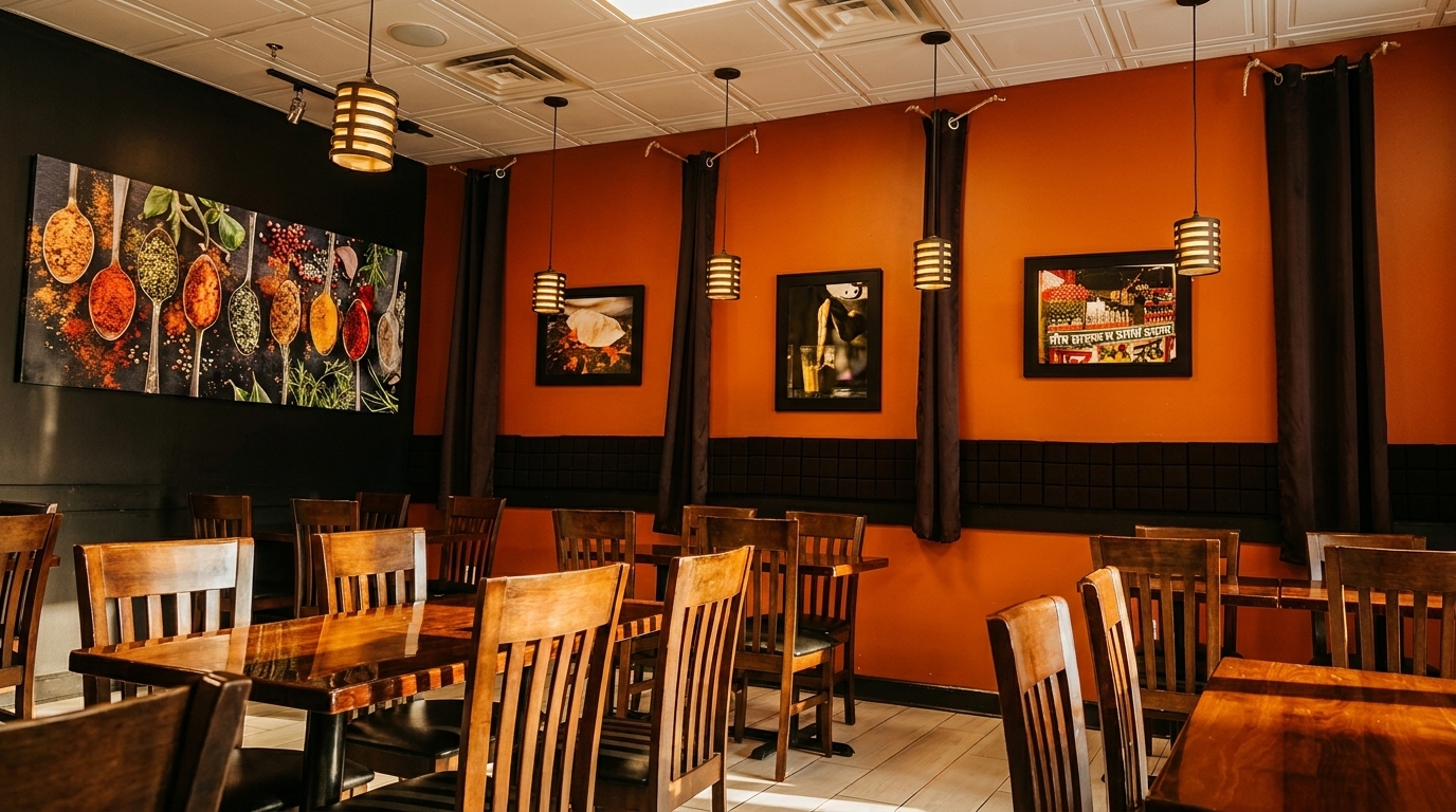 Restaurant dining room with orange walls, dark wood tables and chairs, and spice-themed artwork.