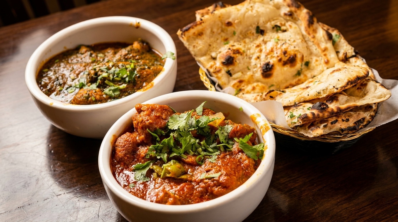 Two bowls of Indian curry, one red and one green, with a basket of naan bread.